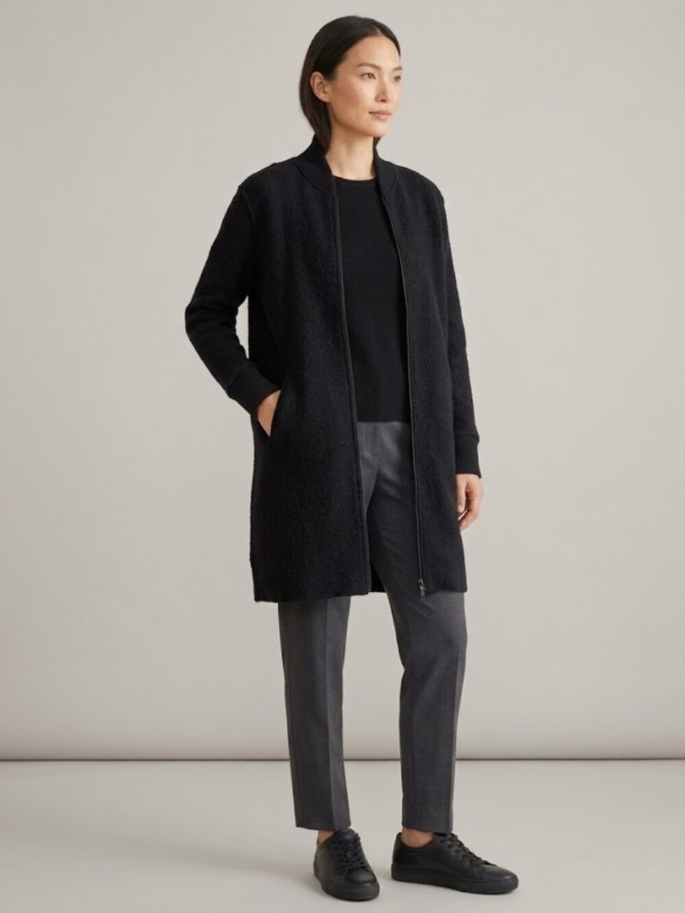 Eileen Fisher 2-Way Zipper Rib Collar Long Jacket